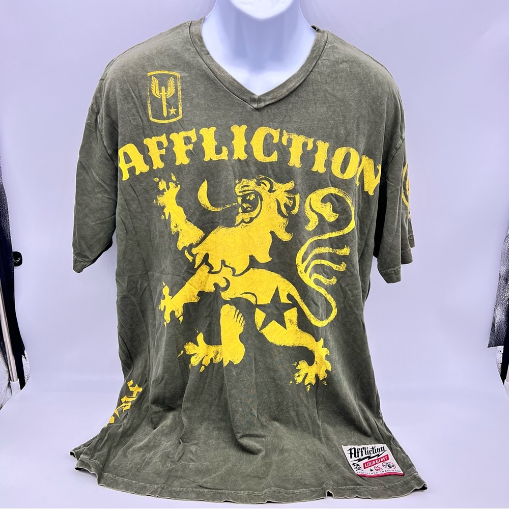 Affliction Green and Yellow Short Sleeve Tee with Heraldic Lion